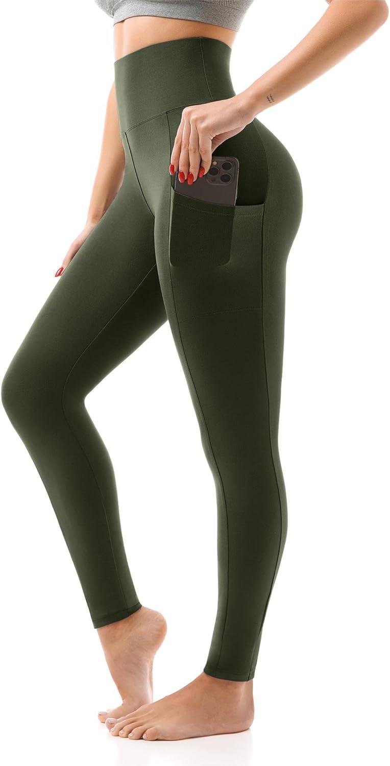 imageSINOPHANT High Waisted Leggings with Pockets Women Full Length Capri Buttery Soft Stretchy Yoga PantsArmy Green