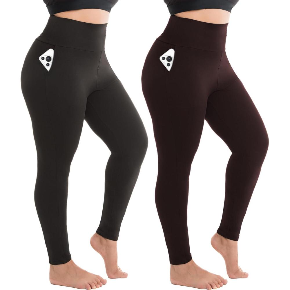 imageSINOPHANT 2 Pack Plus Size Leggings for Women High Waisted Buttery Soft Yoga Pants with Pockets for Gym Workout ClothingBlackBrown