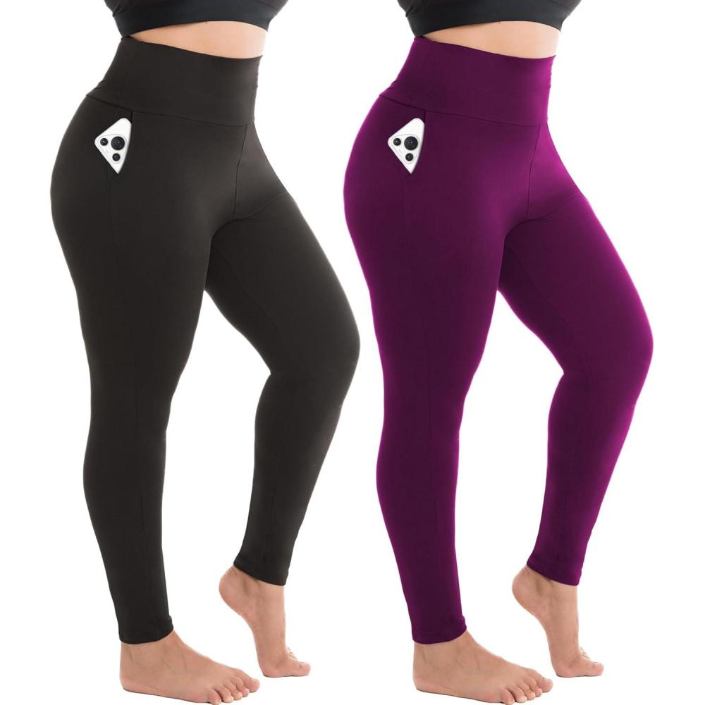 imageSINOPHANT 2 Pack Plus Size Leggings for Women High Waisted Buttery Soft Yoga Pants with Pockets for Gym Workout ClothingBlackPlumpurple