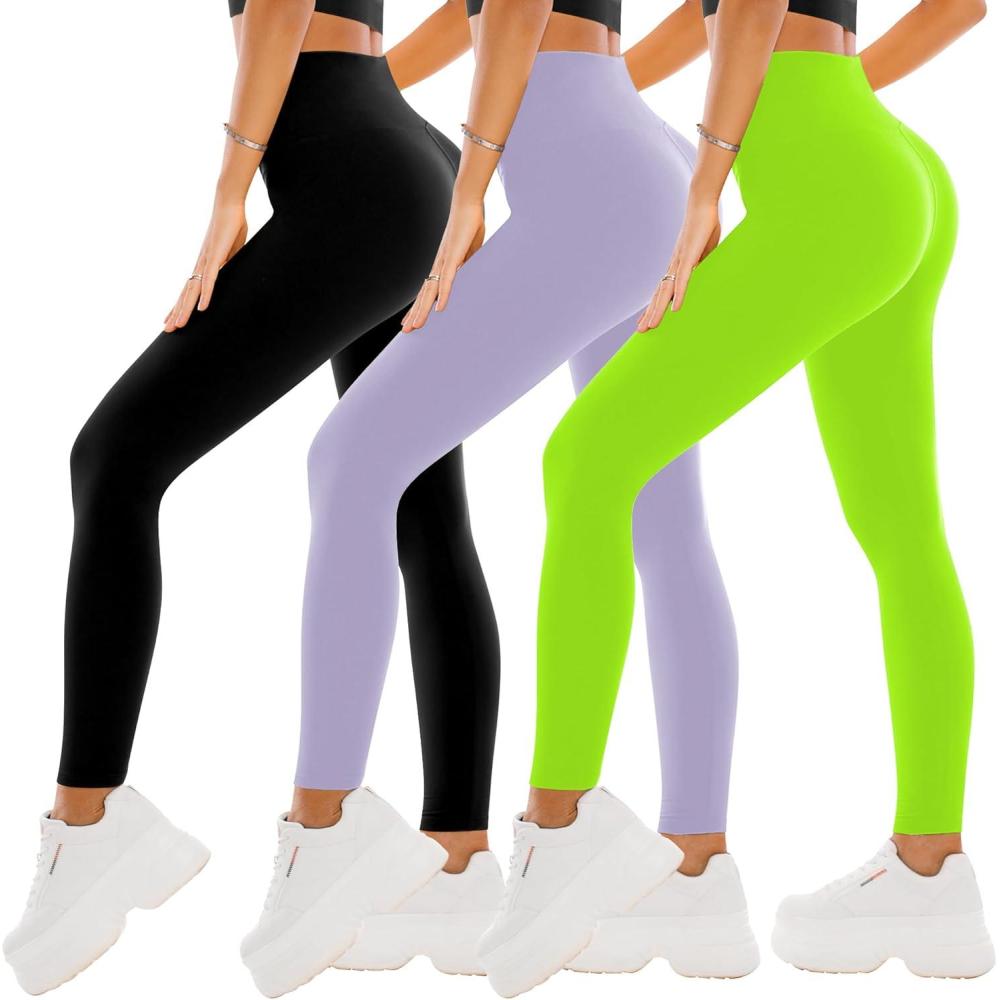 imageSINOPHANT 3 Pack Leggings for Women  High Waisted Buttery Soft Yoga Pants for Workout Athletic SportsBlackNeon GreenLavender