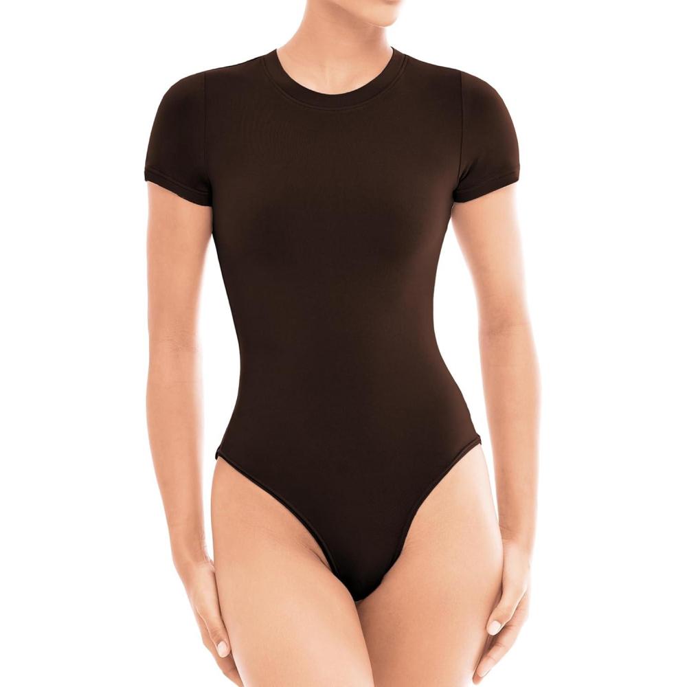 imageSINOPHANT Bodysuits for Women  Short Sleeve Round Neck Body Suit Stretchy Basic T Shirt TopsBrown