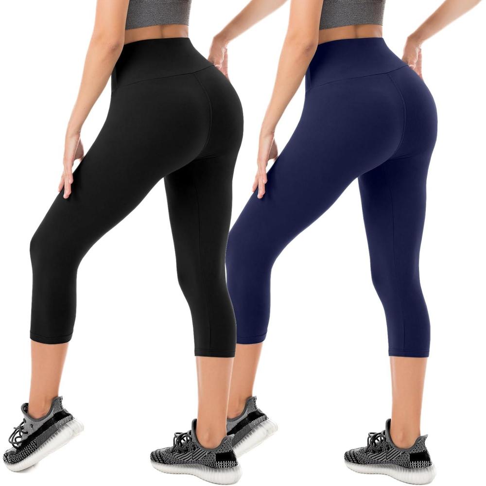 imageSINOPHANT Capri Leggings for Women  2 Packs Buttery Soft Yoga Pants for Gym AthleticBlackNavy