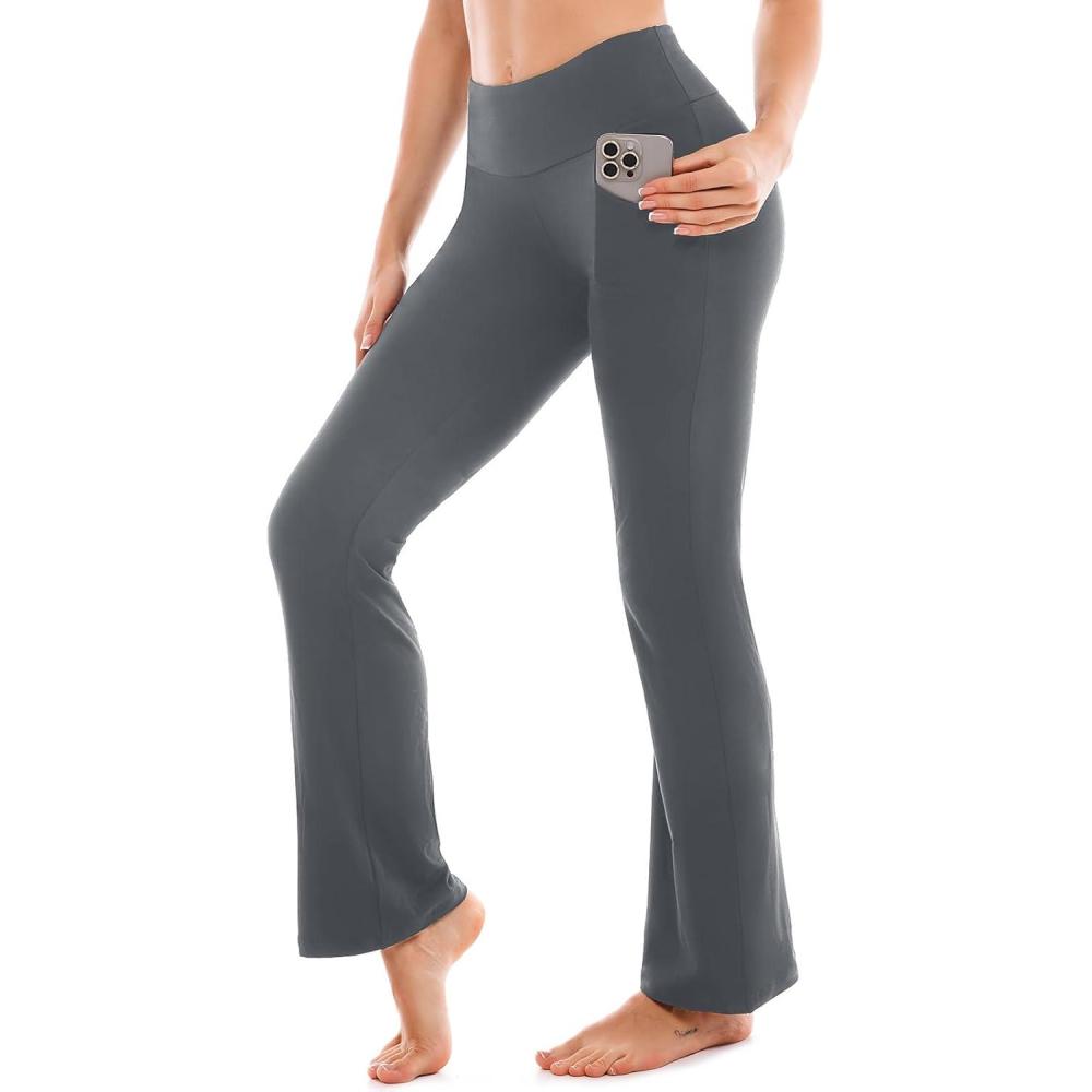 imageSINOPHANT Flare Leggings for Women with PocketsHigh Waisted Tummy Control Bootcut Yoga Pants for Women Soft Bell BottomsGrey