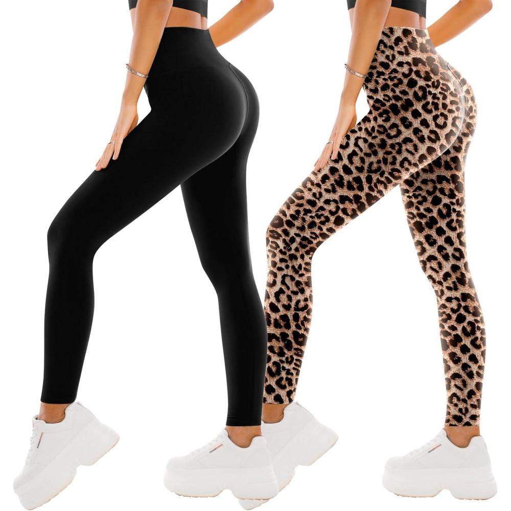 imageSINOPHANT High Waisted Leggings for Women  2 Packs Buttery Soft Yoga Pants for Workout AthleticBlackLeopard