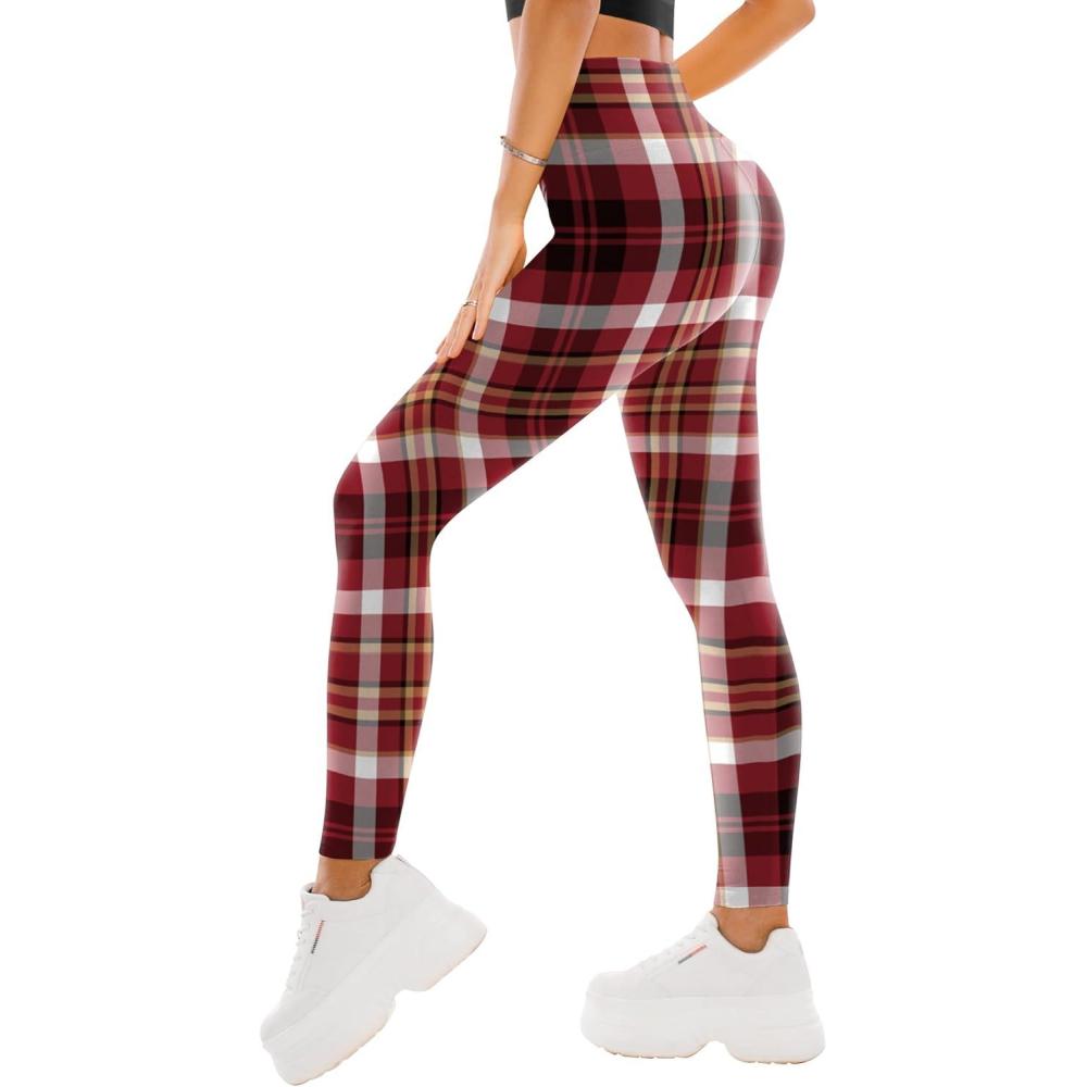 imageSINOPHANT High Waisted Leggings for Women Full Length Capri Buttery Soft Yoga Pants for Workout AthleticBlack Red Plaid