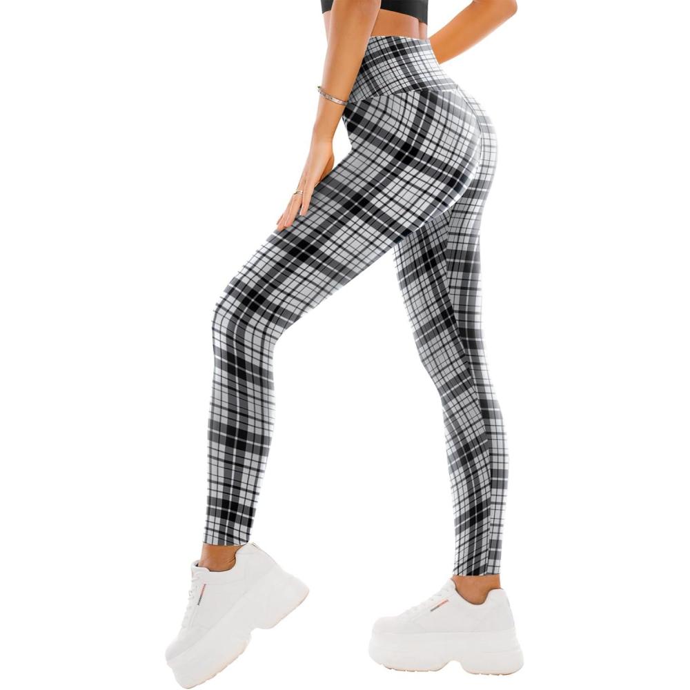 imageSINOPHANT High Waisted Leggings for Women Full Length Capri Buttery Soft Yoga Pants for Workout AthleticBlack White Plaid