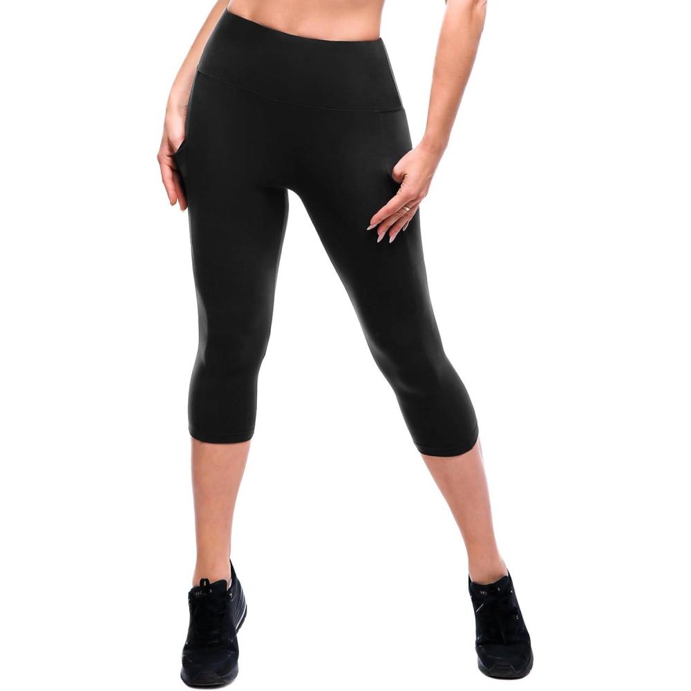 imageSINOPHANT High Waisted Leggings with Pockets Women Full Length Capri Buttery Soft Stretchy Yoga PantsBlack