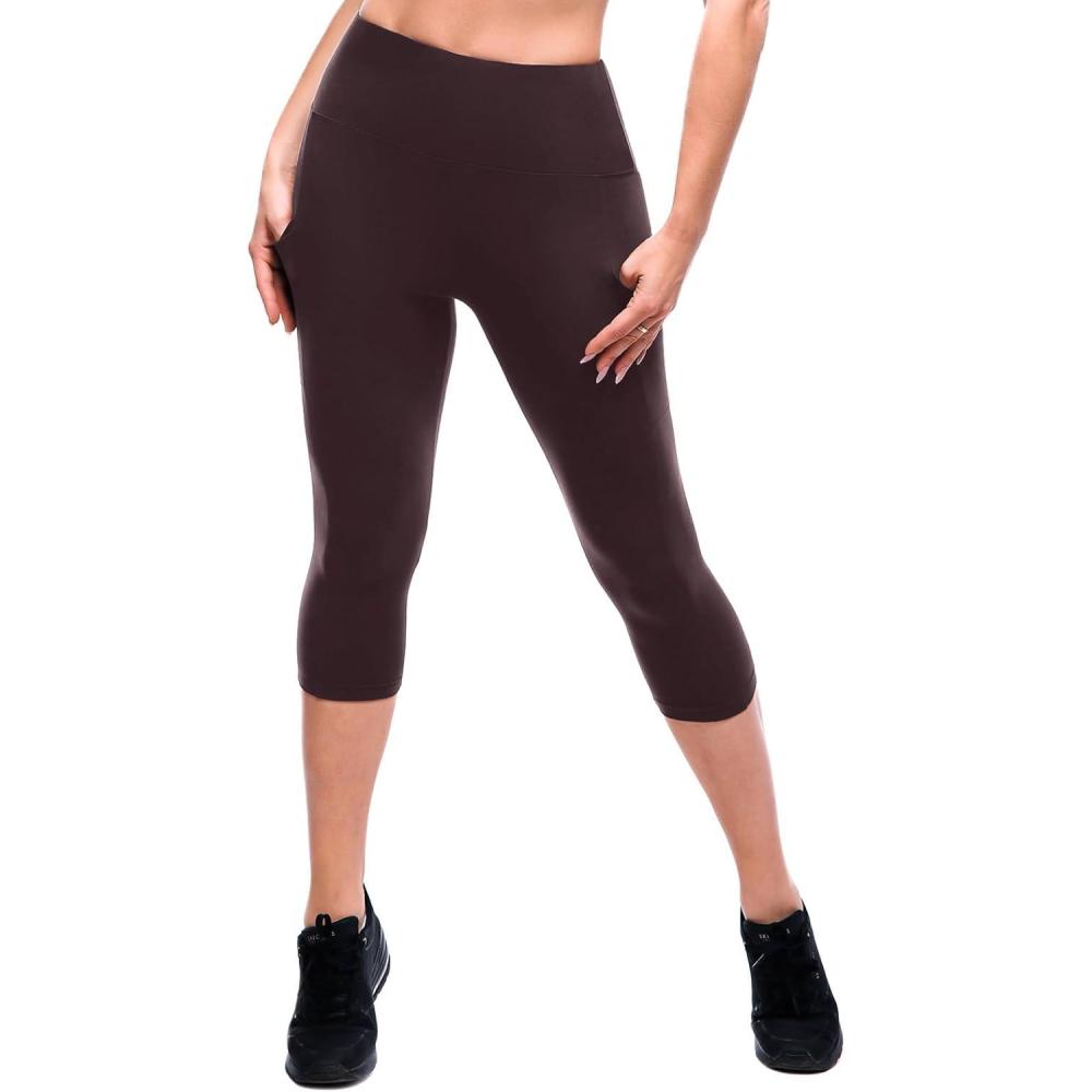 imageSINOPHANT High Waisted Leggings with Pockets Women Full Length Capri Buttery Soft Stretchy Yoga PantsBrown