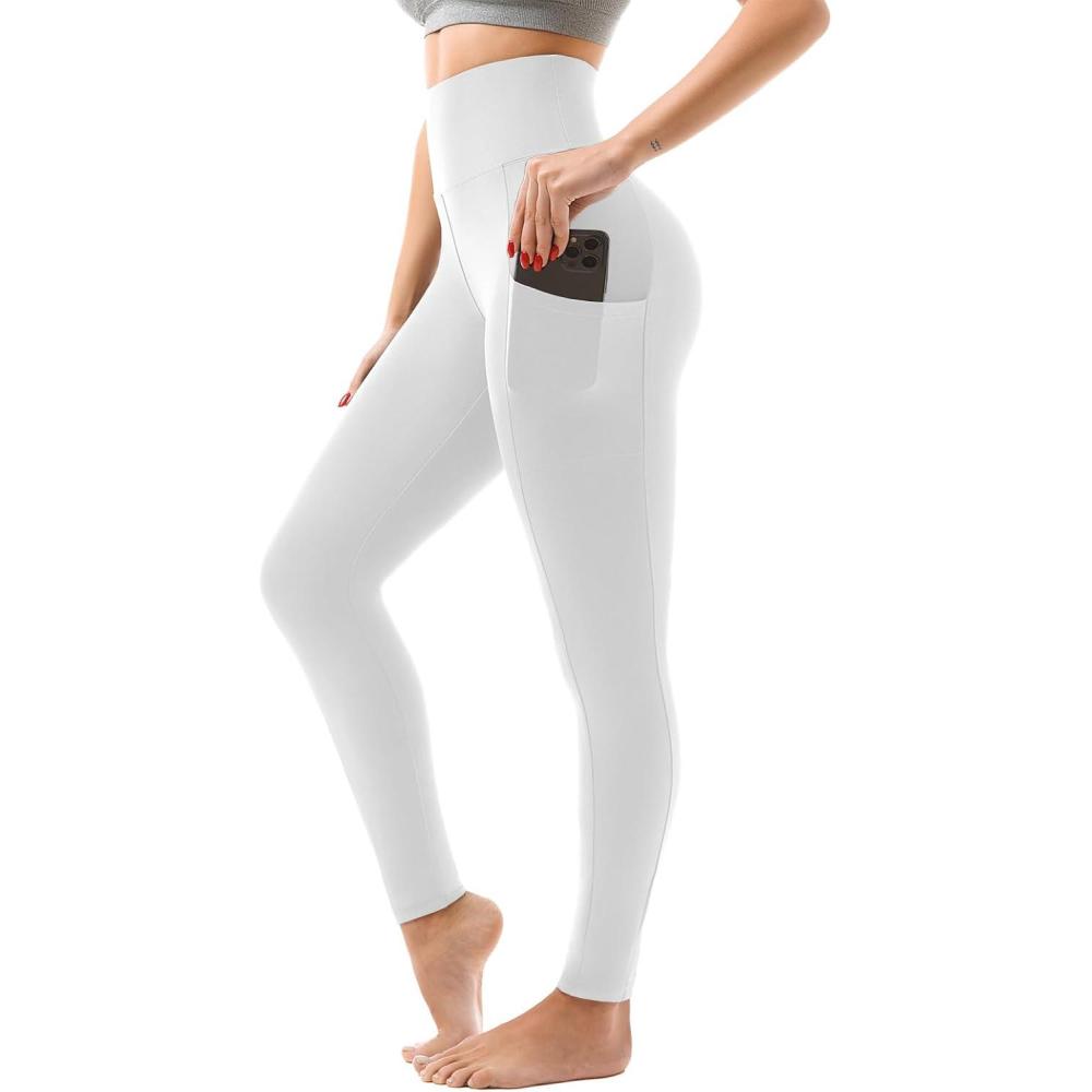 imageSINOPHANT High Waisted Leggings with Pockets Women Full Length Capri Buttery Soft Stretchy Yoga PantsWhite